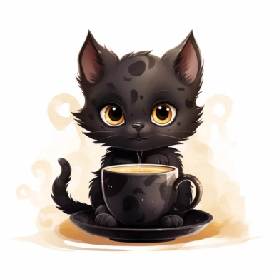 Create a Cute Black Cat Animals Sublimation cartoon Clipart, Drink Coffee , background white, high Resolution
