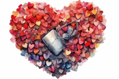 Watercolor, Craft a heart shape using intertwined computer keyboards and mice clipart, hd, on a white background, spaced out