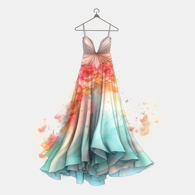 panoramic view, full view, beautiful flowing tropical party dress in vibrant colors on ornate hanger, shabby chic, elegant, ethereal, romantic, fantasy, high detail, shabby chic, sharp focus, 8k, photo realistic, illustration sketch, clipart style, transparent background