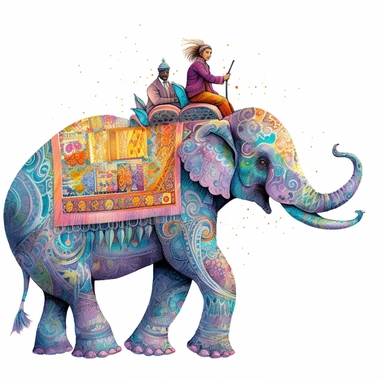 Man riding elephant isolated on white background, clipart, loose, watercolour gouache, textured, paper, naive folk art, whimsical, Lilla Rogers agency illustrator, isometric perspective, storybook style, bright vibrant colours, turquoise, teal, pink, purple, orange, yellow, blue, subtle patterns, stripes, dots, floral