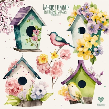 Watercolor Bird Houses Clipart - springtime cute birdhouses and blossoms