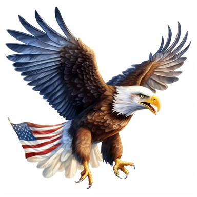 flying bald eagle with american flag in his talons, clip art, white background