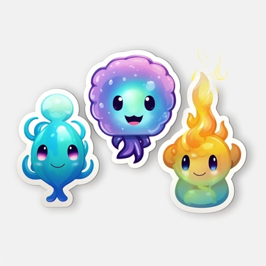3 stickers with white background and border, emoji clipart as cute air elementals, high res, iridescent, some bioluminescent