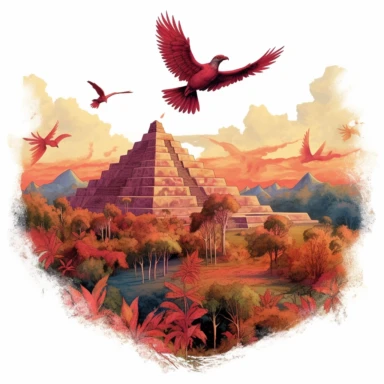isolated clipart, landscape mexico, frida khalo, a small eagle on the horizon, you can see in the distance two pyramids of chichen itza, red and orange dhalias.