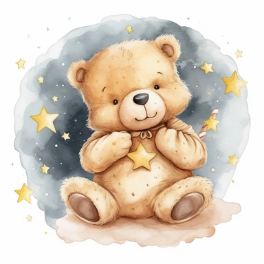 Cute teddy bear illustration, realistic adorable teddy bear sleeping on a soft moon surrounded by stars, sleepy happy clipart, nursery style clipart, Nursery Animals Art, Kids Wall Art, Kids Room Decor, Baby Room Decor, isolated on white, ultra - detailed, high quality, ghibli style, award winning