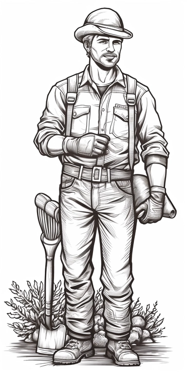 gardener holding a tool full body colouring book page vector illustration with hatching isolated on white, stock clipart, black and white