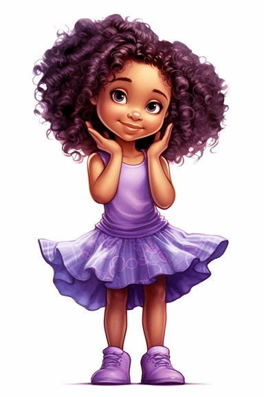 4 year old cartoon Pretty children, cute cartoon black girl with curly hair, wearing purple dress smiling with her arms crossed. Pixar childrens book cartoon style, detailed, modern, urban, watercolor, full color, flat color, white background, children book illustration. Watercolor clipart. Pixar animation