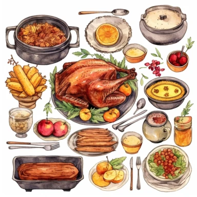 watercolor, hyper realistic, white background, white margins, 16k, ultra detailed clipart, cut out image, hand-drawn a vintage harvest table set with traditional dishes like roasted turkey, mashed potatoes, and cranberry sauce. The warm, earthy color palette and rustic elements capture the essence of a vintage harvest feast. in the style of pencilsteampunk, delicate watercolor, creative commons attribution, miniaturecore, grocery art, white and amber, website