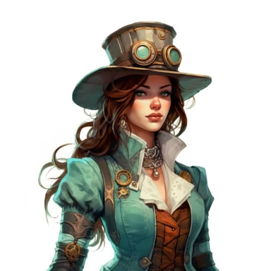 Solid white background. Waist-up illustration of a determined steampunk woman, her intense gaze and resolute smile reflecting her strong determination. Her alabaster skin and deep teal hair beautifully contrast her attire in shades of bronze and aquamarine, a testament to Victorian elegance and steampunk aesthetics. Instead of a hat, she wears a sleek headband adorned with industrial motifs. The background lacks any steampunk elements. Pastel clipart, hyper-realistic, retro-futurism, solid white