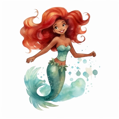 watercolour clipart halle bailey as ariel from the little mermaid, dark skin and red hair, full body with mermaid tail