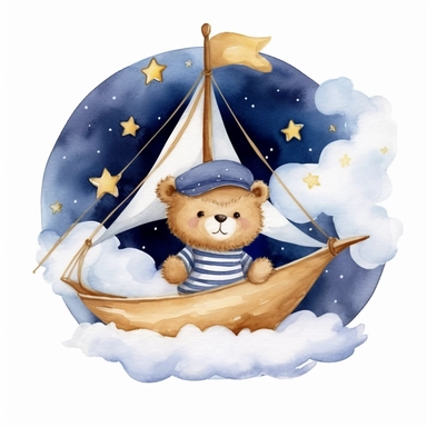 night sky clouds and a swarm of golden stars. a cute plushie sailor bear in a striped blue and white shirt and a sailor hat, in a wooden sailboat with a white sail, sailing on fluffy clouds not sea. dreamy. prominent visible brush strokes, watercolour texture, watercolor clipart png on white background