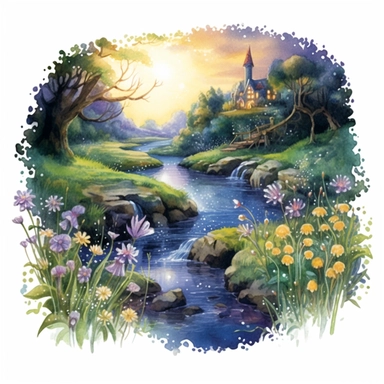 cartoon fairy glen by the River, grass and flowers line the sides if the river, glowing lights and sparkles, colors of green purple gold and blue, glamorous realistic and detailed, watercolor, white background with margins, clipart style