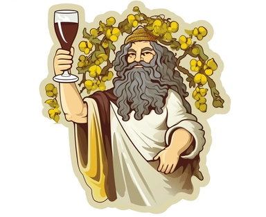 Sticker Clip Art of Sticker Clip Art of Dionysos thick God of Wine and Food, Greek Temple, mystical ancient greece background, fiest, agora, recognisable features, children friendly, illustrated in a playful style with a friendly expression, perfect for any special occasion, cut out in the shape of Dionysos, with no visible background, giving it the appearance of a high quality sticker, conveying a mystical and whimsical mood, edited with Adobe Photoshop to adjust brightness and contrast, render