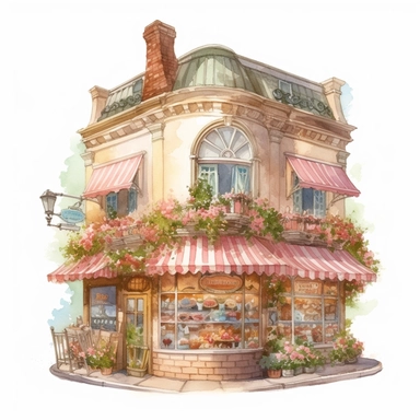 a very cute bakery shop with lots of cake and dessert , clipart, exterior view, cozy, flowers, luminious, dramatic lighting, super detailed, daytime, Thomas Kinkade style, watercolor, 8k, on isolated white background