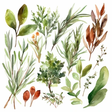 Generate watercolor clipart of kitchen herbs and spices, such as rosemary, basil, thyme, and cinnamon. Choose a color palette that is both soothing and appetizing to make the clipart stand out, white background