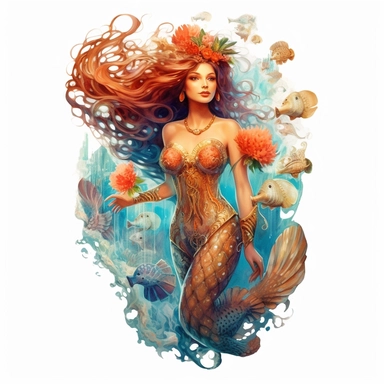 beautiful rich Russian style sea mermaid with long hair full body with fish tale, sea stars, sea shells, portrait, super high quality, high resolution, oil painting clipart, natural colors, isolated white background, 8k