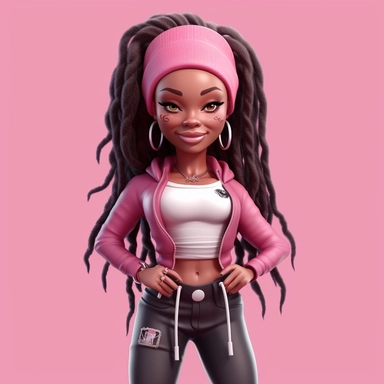 black chibi women incarnate in a 3d white fullcap, Mesmerizing gaze, white-pink girl dreadlock, american college fashion pink clipart, black magic girl