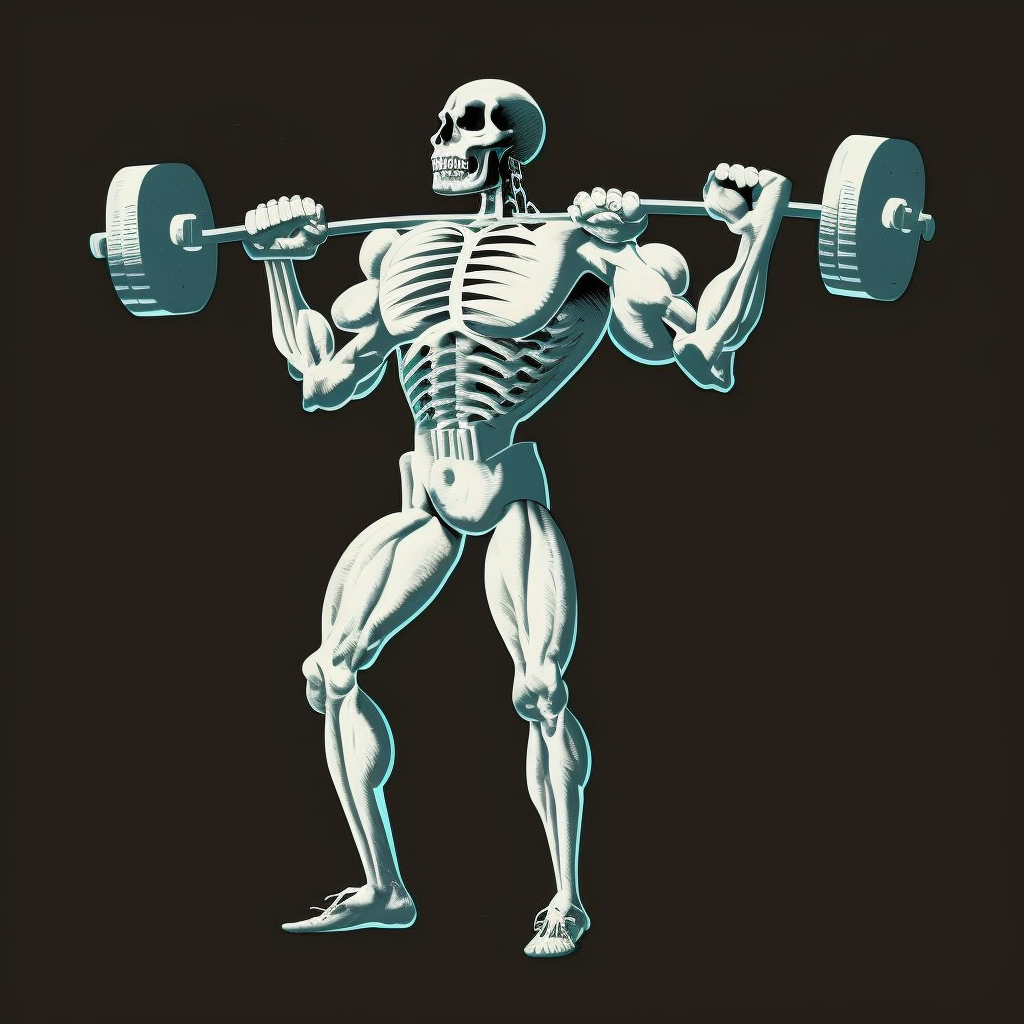 man with skeleton head lifting weights, retro clipart style, black ...