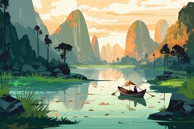 Mountains vector file. Forest landscape clipart. Camping and travel print.People guide their boats through tranquil, water color-like green reeds and algae on the Karatoya River in Bogra, Bangladesh Vector flat illustration