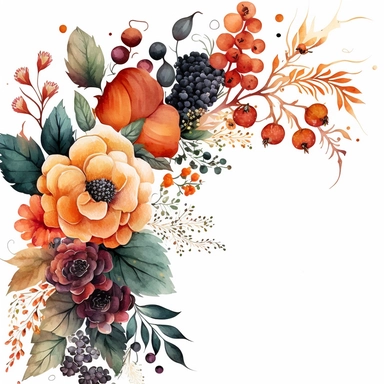 watercolor dusty red floral in the far bottom left corner and far top right coner only, and blackberries in the far bottom left left corner and far up right corner only, clipart, orange, white background, no text