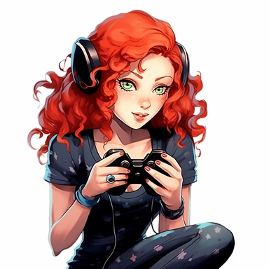 a nijii style illustration of a fashionable woman, with red curly hair, blue eyes, caucasian type, playing video game, black short dress, holding a gamepad, clipart, isolated on a pure white background