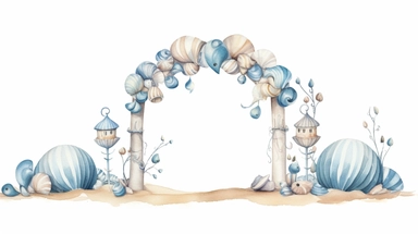 watercolour illustration, cute wet beach sand towers with sea shells blue balloon arch, seaside themed scene, balloon arch and blue pastel fans, fairy tale, blue fairy tale, fans and balloons, clipart, sublimation graphics, by Beatrix Potter, watercolour clipart, unique design, print on demand image, transparent PNG background, white background, 8k
