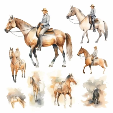Watercolor horse riding , illustrations clipart set, simple, neutral and earth colors , cartoon elements, different variants , separate elements with a margin