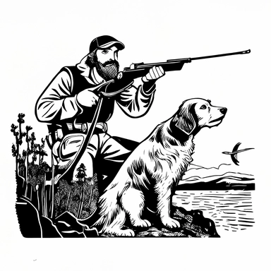 retro cartoon comic of Duck hunter taking aim with his rifle accompanied by an Irish Setter Dog, black and white vintage art clipart illustration, white background
