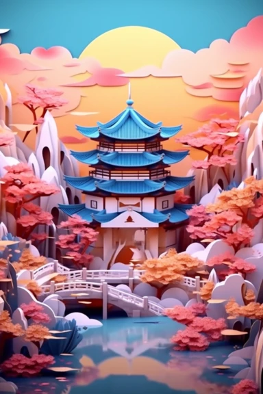 Ancient Chinese architecture landscape scenes, multidimensional paper style, fantastic gradient color, amazing works of art, multidimensional paper craft, soft colors, fisheye images, visual impact, 8 k images, art, dreamy, clipart, vision, bright color, oc rendering, 3 d relief, the figure in the face