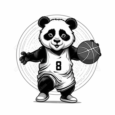 2D Black logo on a white background. Black and white Panda Man Hybrid plays basketball Clipart. NO SHADING. KEEP THE LOGO SIMPLIFIED