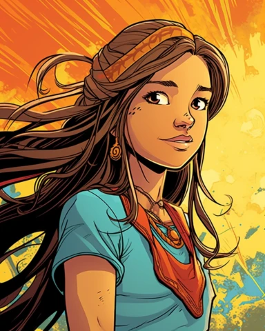 Blend of comic book art and lineart in full natural colors. A full-body portrait shot of a bright and energetic 10-year-old Irish Italian Indian girl. She has long, flowing brown hair with a few braids or colorful hair clips that add a playful touch. Her eyes are wide and curious, reflecting her youthful innocence and curiosity. She dresses in comfortable and age-appropriate clothing, such as jeans or leggings paired with colorful tops or t-shirts. She often wears sneakers or cute ballet flats t