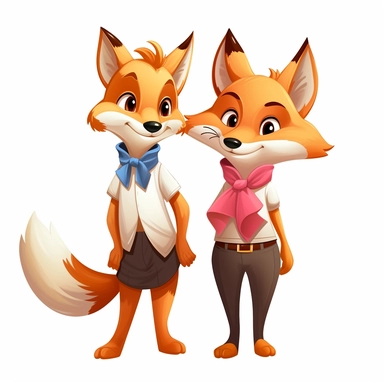 2 foxes, male, female, standing next to each other, cartoon, childrens book sytle, clipart, white background