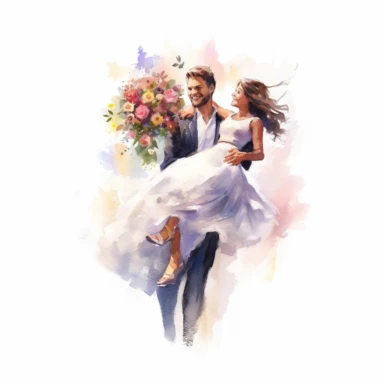 handsome GROOM, carrying his bride over a threshold adorned with flowers, a symbol of their new beginning, watercolor, Pixar style, Clipart on a white background