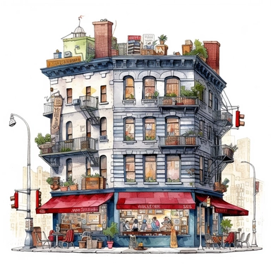 clipart de cafeteria de nueva york, acuarela, 16k, hiper minimalista, megapixel, full color, super detailed,insanely detailed and intricate, ultra detallado