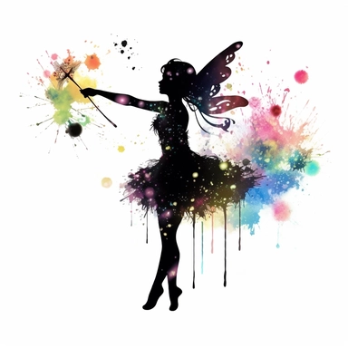 black silhouette of cute fairy with diaphanous wing flying with magic wand, clipart with white background, watercolor style, clearly defined separate image, high quality--ar3:4-no mockups, watermarks, numbers, writing, letters--q2--v5.1--s1000