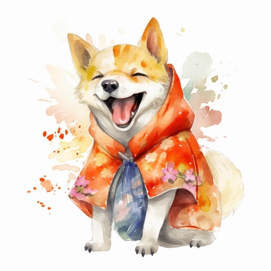 watercolor cool retro dog clipart, japanese cartoon art style, showing the emotion of joy and hapopiness, vibrant colors, beautiful.