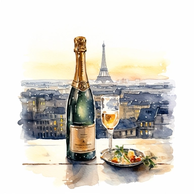 champagne bottle on table looking over paris at night watercolor clipart, white background