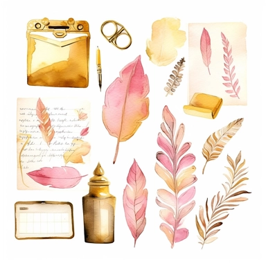 hand drawn document, ccollection of document clipart, isolated white background, single design, sharp, bold , sweet pink, cream, gold, hand-painted watercolor