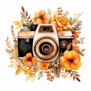 watercolor Vintage camera surrounded by flowers, black and golden hues, orange yellow and brown hues, autumn vibes, clipart on a white background