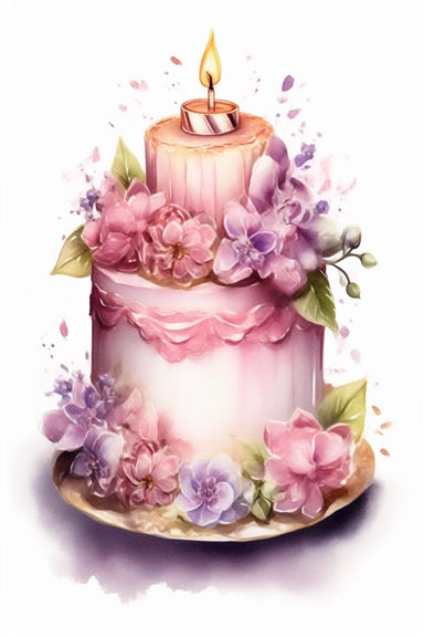 amazing detailed watercolor clipart of a beautifully detailed lilac and baby pink colored birthday cake, no caption, solid white background, cinematic light lighting, hyper-detailed, 8k, high resolution, symmetrical, full shot photograph, insanely detailed and intricate, beautiful, elegant, glamour, watercolor, cinematic