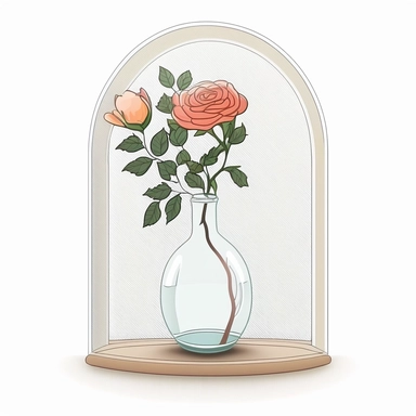 clipart , minimal simple full screen kids Vase contain varitey of flowers and rose and behind it glass window Bohemian style ,white background ,no text ,without border