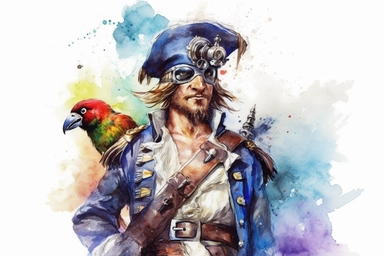 Watercolor, Design a cartoon character dressed as a pirate, with an eye patch and a parrot on the shoulder, depicting a pirate captain clipart, hd, on a white background, spaced out