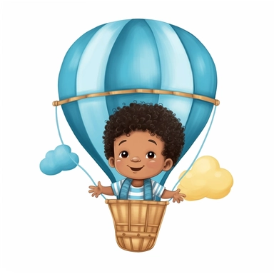 a cute black baby boy in a hot air balloon, newborn infant boy smiling, afro, light blue and royal blue colors, watercolor clipart illustration