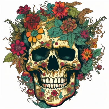 Develop a clipart image that portrays a human skull enveloped in a vibrant tapestry of intertwining flowers, dead leaves and tree branches reflecting carl barks artistic sensibilities. The flowers should weave in and out of the skull's eye sockets, nose, and mouth, suggesting a seamless connection between life and death. Use a white background to emphasize the rich watercolor hues and the intricate floral patterns