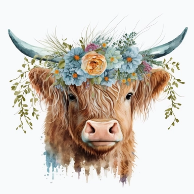 Highland Cow with a head garland, Watercolor, Clipart, Farm Animal, clipart