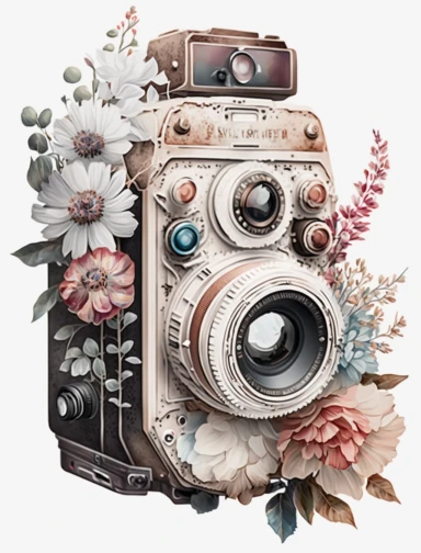 a watercolor old camera 1 photo lens only, colector's item, surrounded by an intricate arrangement of dramatic extravagant ultra realistic digital 3D giant white and brown lucky flowers, in the style of large-scale photography, lush detailing, watercolor style, pastel colors, photorealistic, playfully intricate, made of flowers, bloomcore, 8K, clipart, clear background
