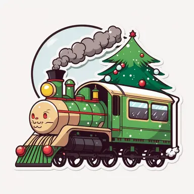 vector sticker design, anime style Christmas Train clipart, white background, flat colors