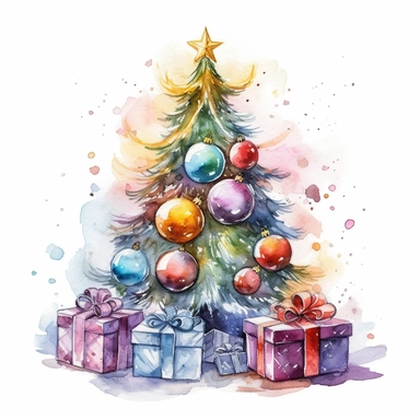 watercolor christmas tree with baubles and gifts, bright tree lights, vibrant colors, add glitter, clipart image, on a white background