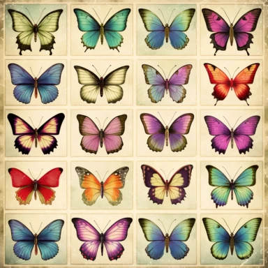 butterfly clipart, multi color with metallic gold overlays, Pixar style, vintage ivory background — tile
