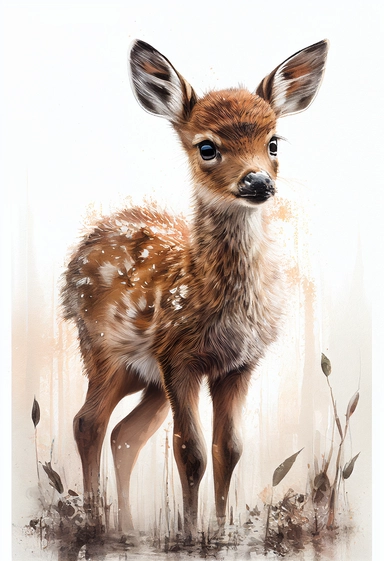 Woodland deer Clipart Watercolor, cute, lovely, happy, funny, friendly full body furry brown grey red baby deer, large emotive eyes, intense gaze, looking straight, large fluffy tail, blank background, no plants, no grass, nursery clipart